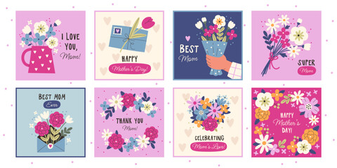Fototapeta na wymiar Happy mothers day greeting cards template with flowers bouquets cute design vector illustration