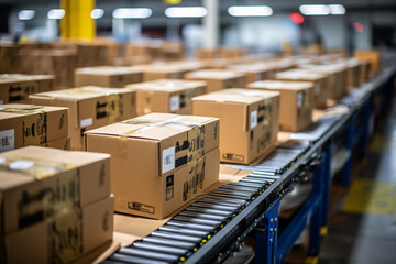 Parcel cartons packed on warehouse conveyor belt, e-commerce product delivery logistics concept illustration