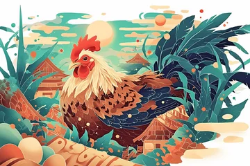  Cute cartoon chicken illustration, chicken laying egg scene illustration © lin