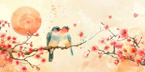 Lovebirds on a Branch: A charming illustration of two birds perched on a blooming tree branch, surrounded by delicate flowers and a heart-shaped sun water color 