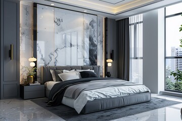 a bedroom with marble wall and a bed