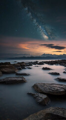 Serene Twilight Sky Over Rocky Shoreline With Glimpse of Milky Way