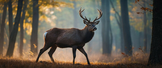 Deer in Golden Light Amidst Autumn Forest at Twilight