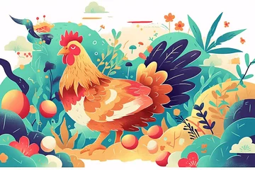 Tuinposter Cute cartoon chicken illustration, chicken laying egg scene illustration © lin