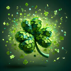 St. Patrick’s Day Shamrock  with gree confetti explosion, isolated on a  Green background, Celebrating Patrick's Day, Clover