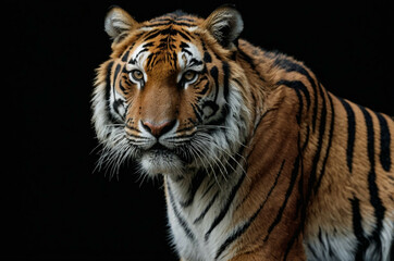 Naklejka premium Close Up of a Tiger on a Black Background