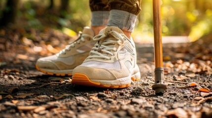 A pair of sneakers and a cane on a park path symbolize the importance of exercise and mobility for Parkinson's patients on World Parkinson's Day.