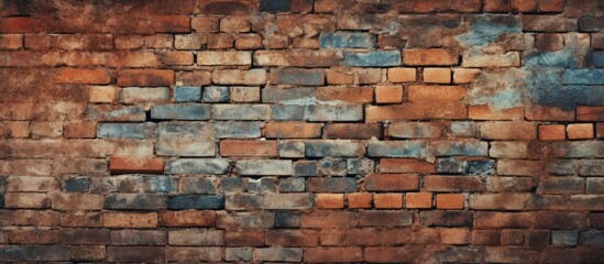 An old brick wall featuring a mix of blue and brown bricks arranged in a textured pattern. The weathered bricks add character to the wall, showcasing a blend of colors and textures.