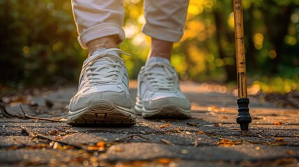 A pair of sneakers and a cane on a park path symbolize the importance of exercise and mobility for Parkinson's patients on World Parkinson's Day.