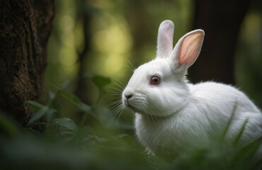 White Rabbit Alert in a Lush Green Forest
