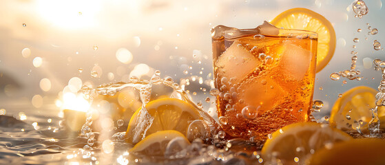 Partial underwater shot of A iced lemon tea in a  colour scheme, shot against a light background, sunlight refracting in the water with bubbles and lemon slices beside it