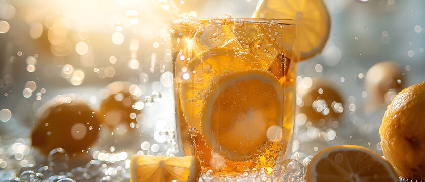 Partial underwater shot of A iced lemon tea in a  colour scheme, shot against a light background, sunlight refracting in the water with bubbles and lemon slices beside it