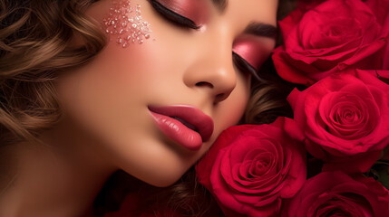 Fototapeta na wymiar Elegant young woman with red roses, artistic makeup portrait