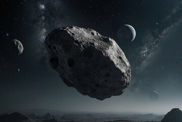 Asteroid Floating Through Space Near Moon and Rocky Terrain