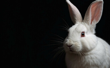 Close-Up Portrait of a White Rabbit Against Black Background