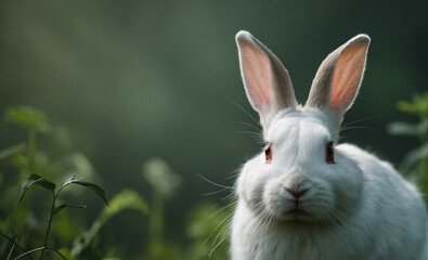 White Rabbit Grazing in Grass Field