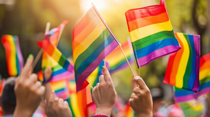 A photography of hands clutching rainbow flags aloft in the jubilant throng of an LGBT Pride Parade