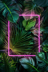 Rectangle neon effect frame on tropical leaves. Generative AI.