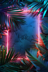 Rectangle neon effect frame on tropical leaves. Generative AI.