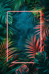 Rectangle neon effect frame on tropical leaves. Generative AI. - 755674391