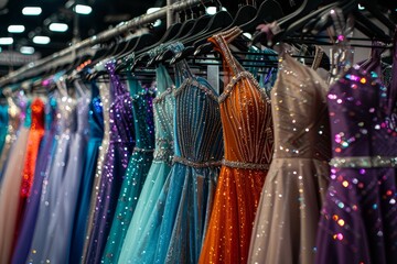 A row of prom dresses in various colors, including turquoise and orange, are displayed on hangers at the dress shop.  - obrazy, fototapety, plakaty