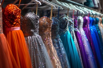 A row of prom dresses in various colors, including turquoise and orange, are displayed on hangers at the dress shop. 