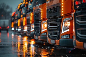 A row of orange and grey trucks parked side by side, all with their headlights on. - obrazy, fototapety, plakaty
