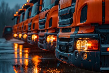 A row of orange and grey trucks parked side by side, all with their headlights on.