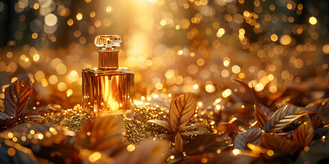 Christmas perfume bottle on festive gold background,Festive Christmas Perfume Bottle on Golden Background - obrazy, fototapety, plakaty