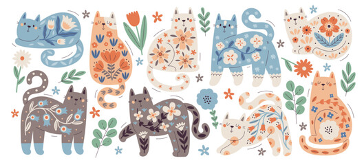 Collection of cute colorful cat with floral pattern design in Scandinavian style vector illustration