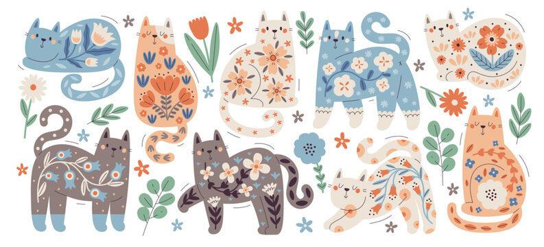 Fototapeta Collection of cute colorful cat with floral pattern design in Scandinavian style vector illustration