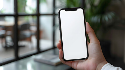 Business man hand holding white blank mobile phone in office