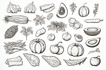 Fresh vegetables doodle line art icon set and Hand drawn healthy food clipart illustration on white background