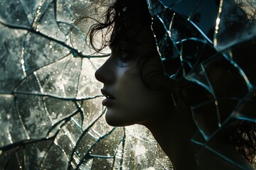 A woman's silhouette against the backdrop of shattered glass, creating an abstract and dramatic visual effect. - obrazy, fototapety, plakaty