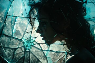 A woman's silhouette against the backdrop of shattered glass, creating an abstract and dramatic visual effect.