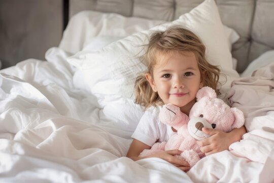 portrait toddler pretty cute curly haired girl wearing pajamas sleeping on the bad and hugging teddy bear . wake up in the morning