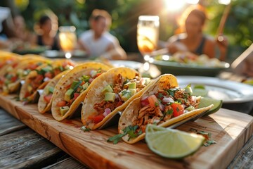 A wooden board with tacos on an outdoor table