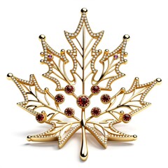 Maple leaf made of openwork gold with precious stones on a white background.