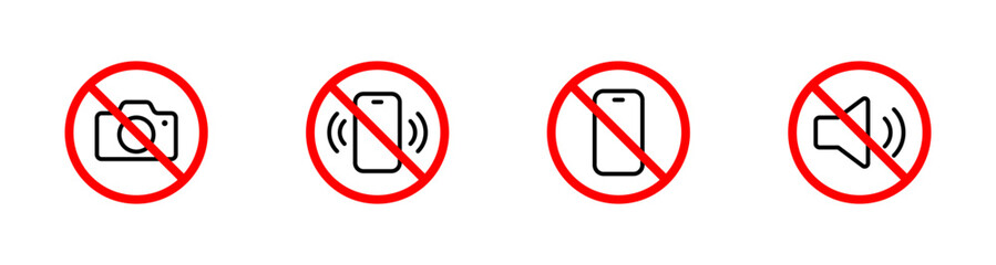 No record, mute, camera, vector icons. No phone, photo, or sound recording forbidden vector icons