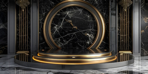 3d rendering of podium for product display in minimal style with black marble wall background - Ai Generated