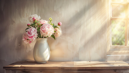A charming vignette featuring peonies in full bloom inside a classic white vase.