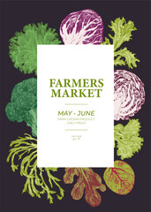 Farmers market vegetable poster template. Hand drawn cabbage and lettuce