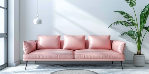A living room with a pink couch and a potted plant