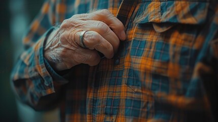 A close-up of a hand struggling to button a shirt, illustrating the daily challenges faced by those with Parkinson's disease for World Parkinson's Day