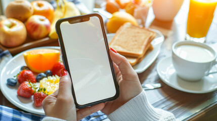 Female hands holding smartphone with blank screen for your app or design, order food online concept. mock-up of mobile phone, tasty breakfast on the background. Calories control, food delivery - Powered by Adobe