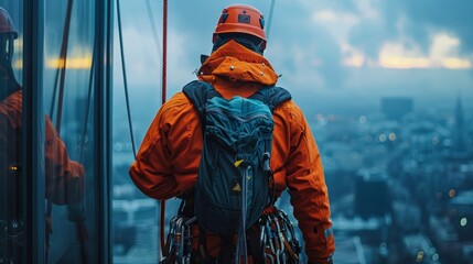 A works as an alpinist cleaning a tall building on ropes