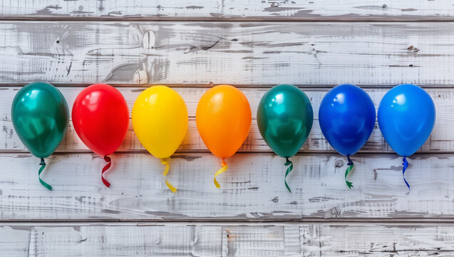 Colorful balloons arranged in front of a vintage-look wooden wall for a birthday card/background.