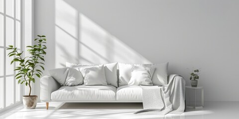 A white couch sitting in front of a window