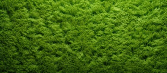 A detailed close-up view of a vibrant green carpet with textured fibers, showcasing the intricate pattern and color variation within the carpet.