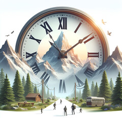 A giant clock in front of the mountains time is running, new year clock